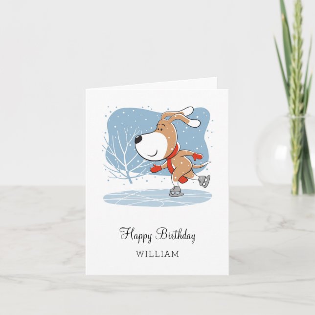 Carte Joyeux anniversaire mignon chien chiot patinage su (Devant)