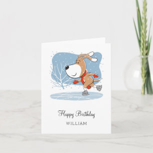Carte Joyeux anniversaire mignon chien chiot patinage su