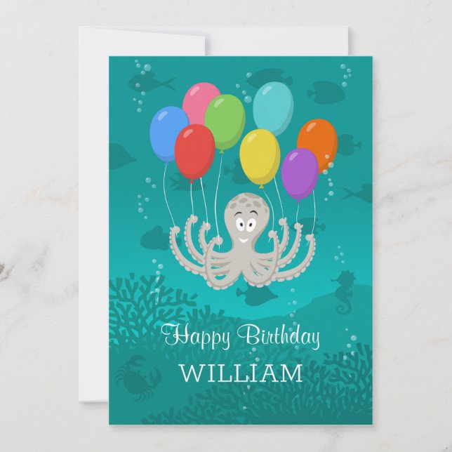 Carte Joyeux Anniversaire mignon Funny poulpe Ballons de (Devant)