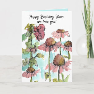 Carte Joyeux anniversaire Nana rose Fleur sauvage aquare