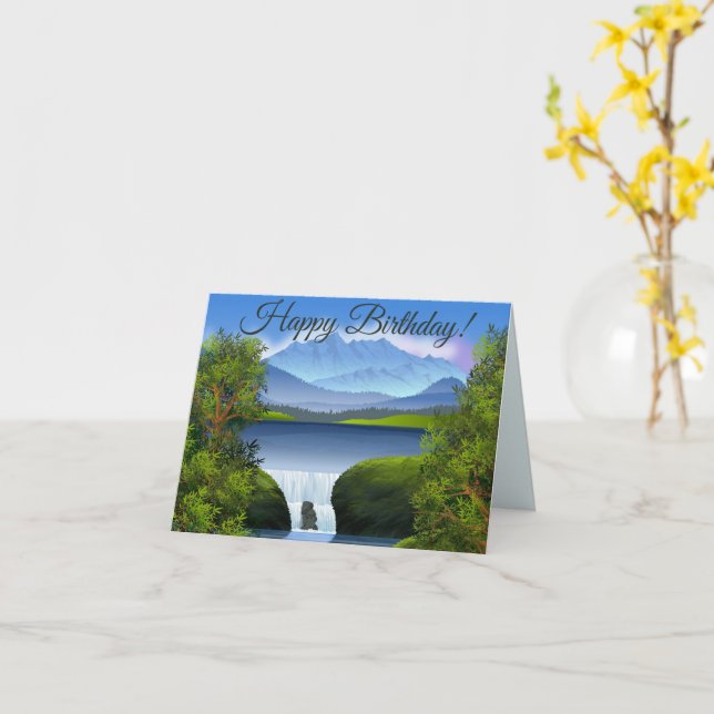 Carte Joyeux anniversaire Nature Mountain Paysage Cascad (Fleur jaune)