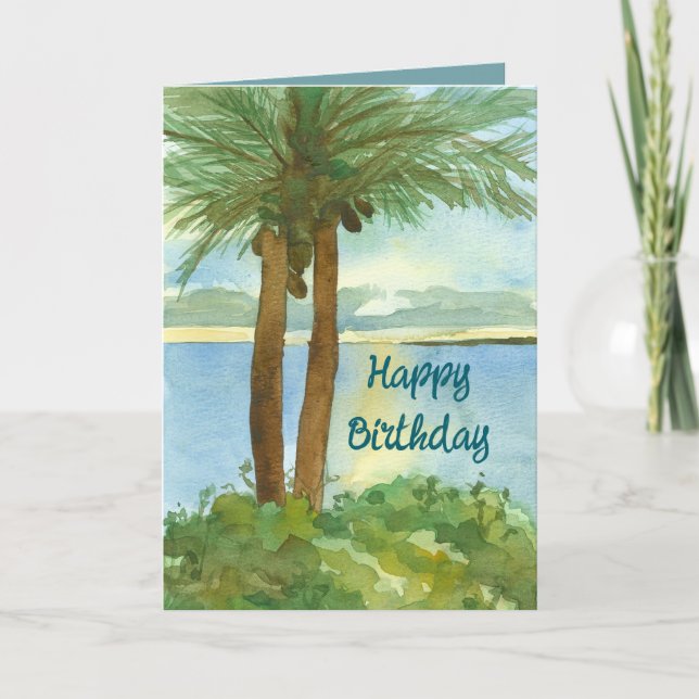Carte Joyeux anniversaire Ocean Sunrise Palm Trees Custo (Devant)