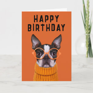 Carte Joyeux anniversaire   Orange Boston Terrier