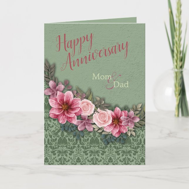 Carte Joyeux Anniversaire Parents rose rouge sur Damas v (Devant)
