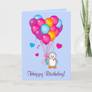 Carte Joyeux anniversaire : Pingouin aux ballons en form