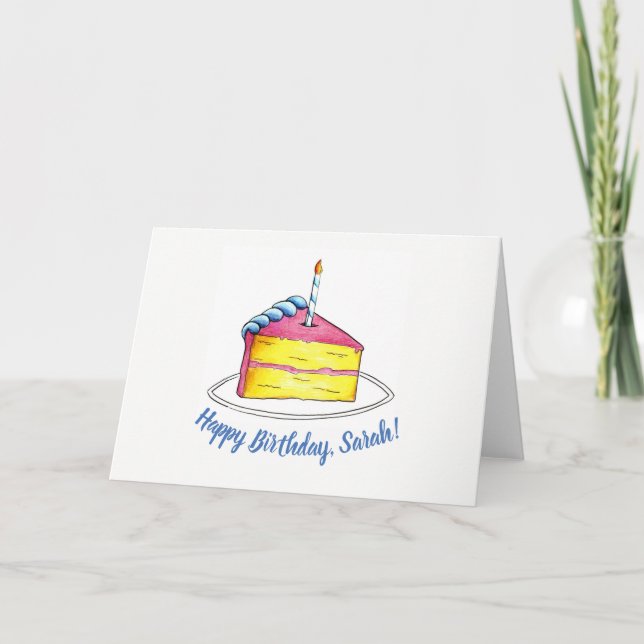 Carte Joyeux Anniversaire Pink Cake Slice Candle personn (Devant)