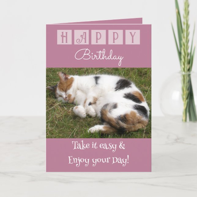 Carte Joyeux Anniversaire prenez facile chat photo rose (Devant)