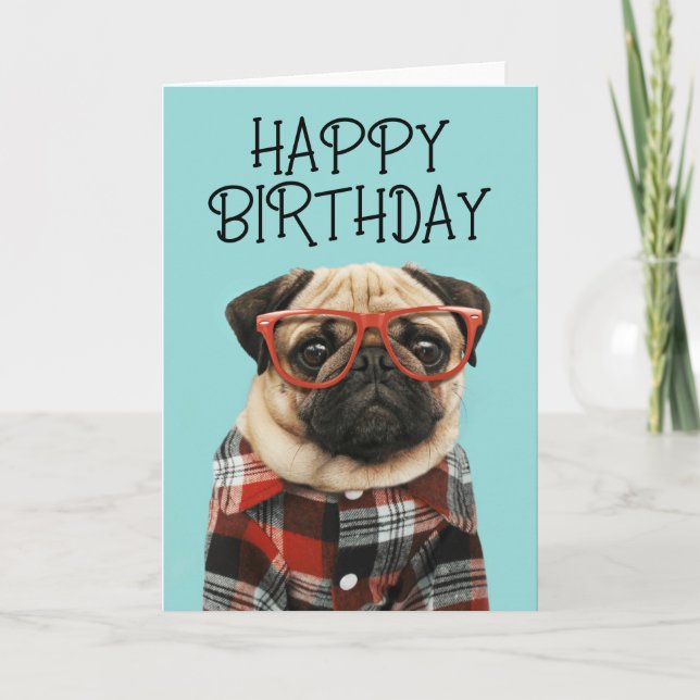 Carte Joyeux Anniversaire | Pug Chemise à Carreaux (Devant)
