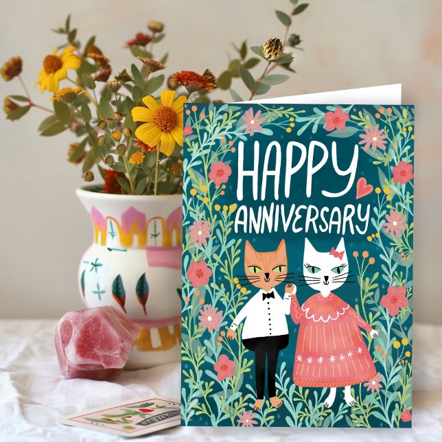 Carte Joyeux Anniversaire Purr-fect Pair Cats Floral (Happy Anniversary Purr-fect Pair Cute Cats Floral Handmade Card
)