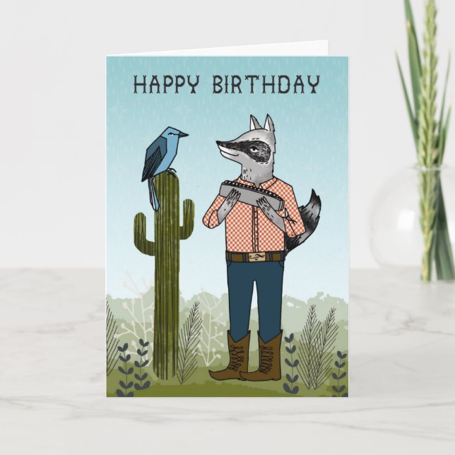 Carte Joyeux Anniversaire - Raccoon jouant à Harmonica C (Devant)