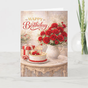 Carte Joyeux Anniversaire Red Rose Cottage Nature morte