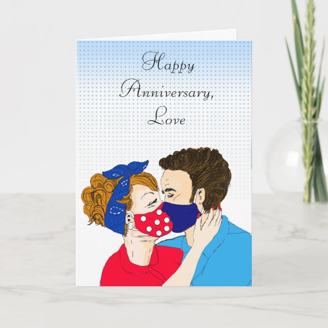 Carte Joyeux Anniversaire Rétro Couple Kissing Facemmasq (Devant)