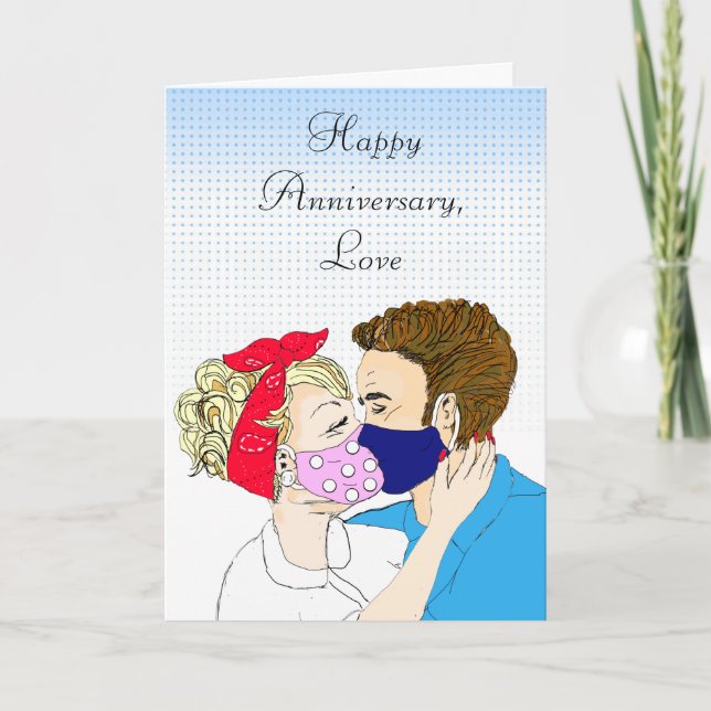 Carte Joyeux Anniversaire Rétro Couple Kissing Facemmasq (Devant)
