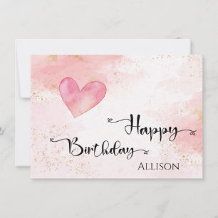 Carte Joyeux Anniversaire rose Coeur Aquarelle