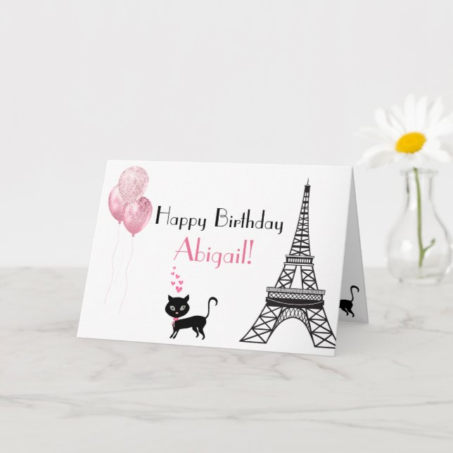 Carte Joyeux Anniversaire Rose Coeur Tour Eiffel Chat (Petite plante)
