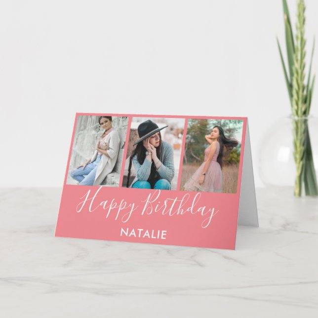 Carte Joyeux anniversaire rose et blanc 3 photo Collage (Devant)