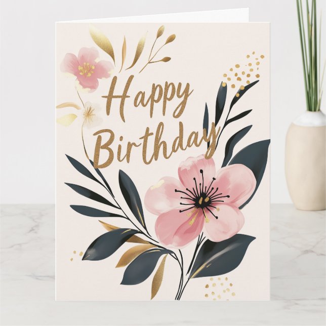 Carte Joyeux anniversaire rose or floral (Devant)