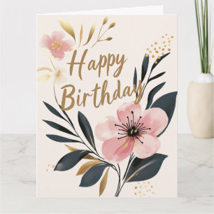 Carte Joyeux anniversaire rose or floral