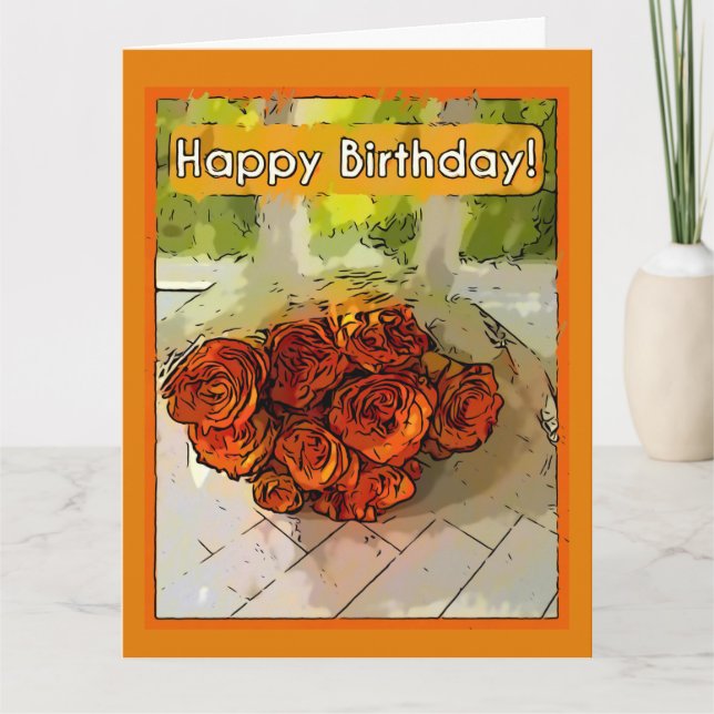 Carte Joyeux anniversaire ! Roses Abstraites orange et j (Devant)