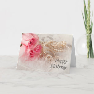 Carte Joyeux anniversaire roses et perles