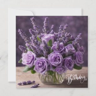 Carte Joyeux anniversaire Roses violets et fleurs de lav
