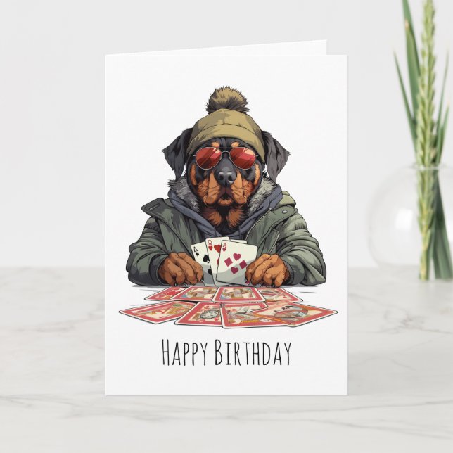 Carte Joyeux Anniversaire Rottweiler Chien Jouant aux ca (Devant)