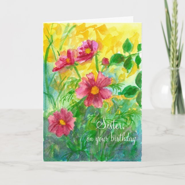 Carte Joyeux anniversaire Soeur rose Cosmos (Devant)