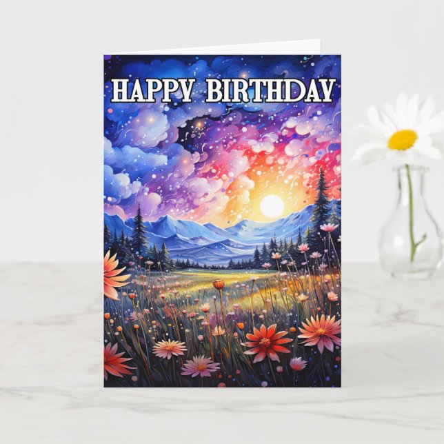 Carte Joyeux Anniversaire Sundown Paysage extérieur (Petite plante)