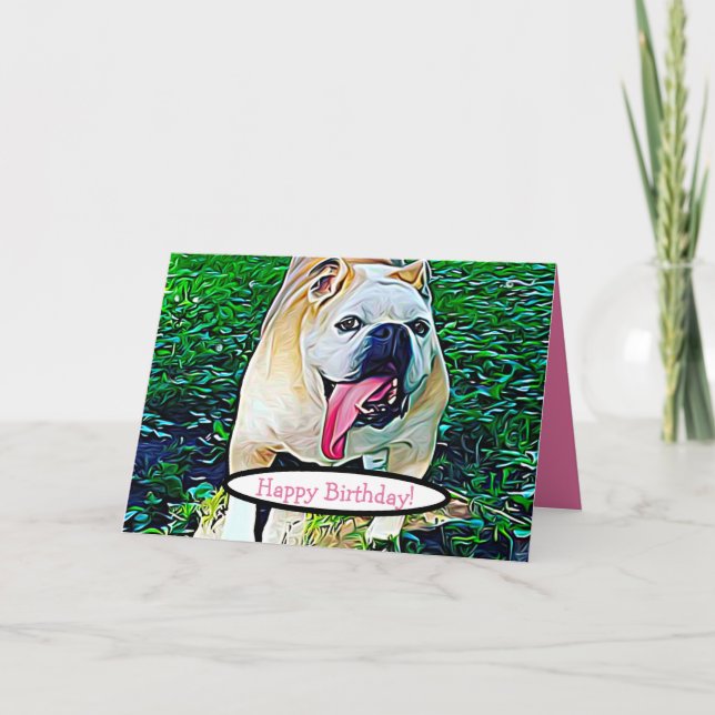 Carte Joyeux anniversaire, texte rose bulldog avec langu (Devant)
