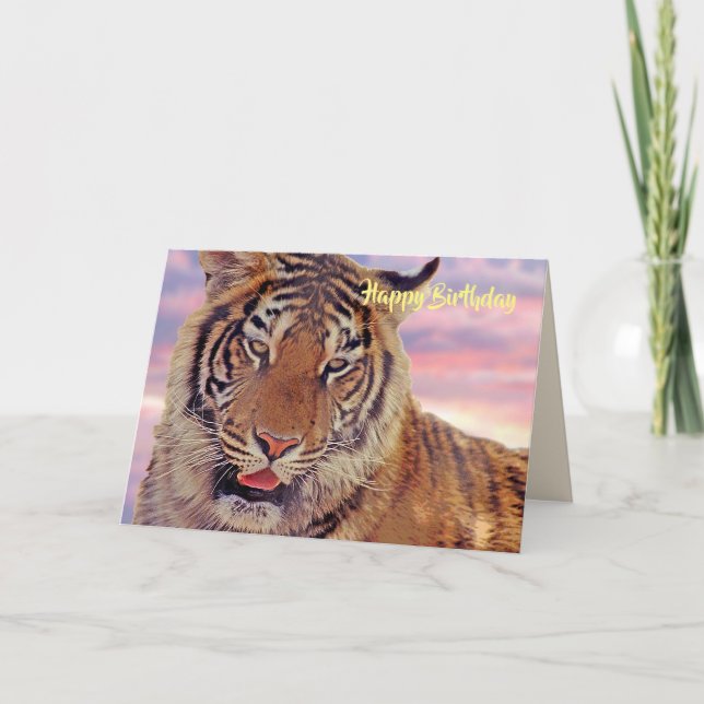 Carte "Joyeux anniversaire", Tigre au coucher du s (Devant)