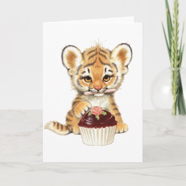 Carte Joyeux anniversaire - Tigre mignon avec Cupcake (Devant)