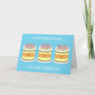 Carte Joyeux anniversaire Triplets Cartoon Cake et bougi