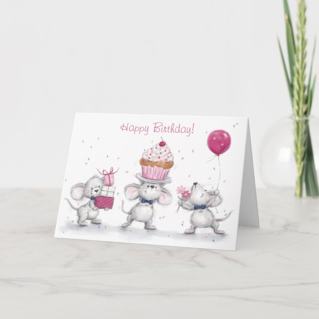 Carte Joyeux Anniversaire, Trois Mignons Fête (Devant)