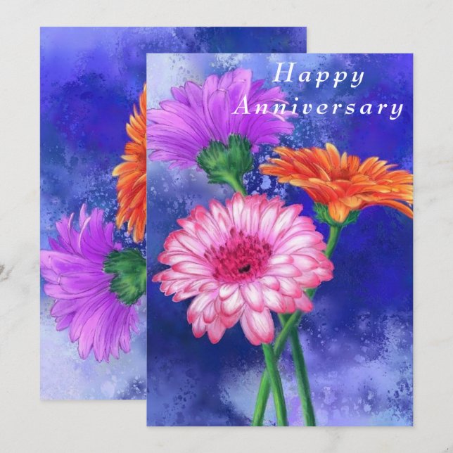 Carte Joyeux Anniversaire - Trois superbes Gerberas coul (Devant / Derrière)