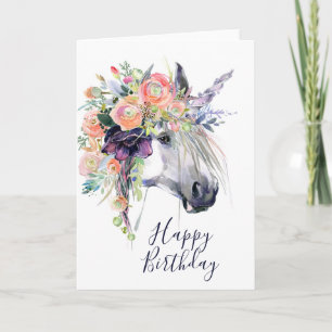Carte Joyeux anniversaire   Unicorne en fleurs