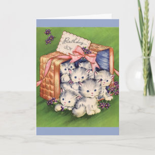 Carte Joyeux anniversaire vintage - Un panier de chatons