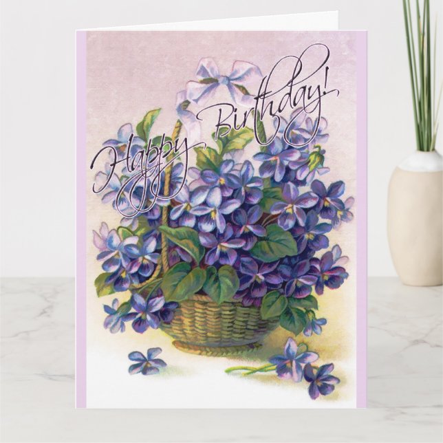 Carte Joyeux Anniversaire Violets Panier à fleurs (Devant)