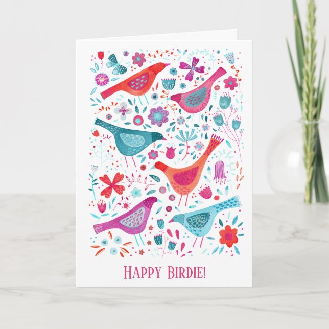 Carte Joyeux Birdie Aquarelle Oiseau et Fleur Anniversai (Devant)