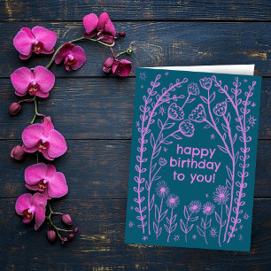 Carte Joyeux Birthday Whimsical Floral Sketch Doodle