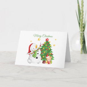 Carte Joyeux bonhomme de neige de Noël et ours en peluch