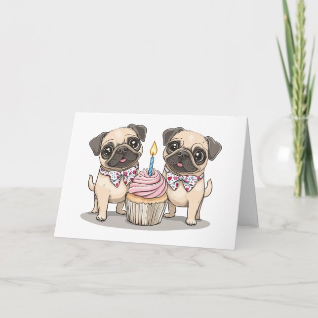 Carte Joyeux Carlin d'anniversaire Chiens Cupcake (Devant)