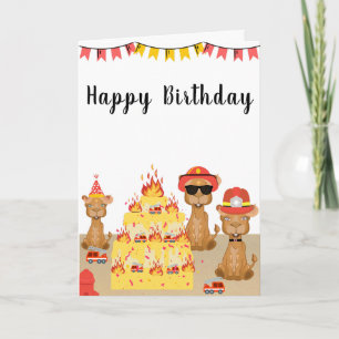 Carte joyeux chameau pompier d'anniversaire gâteau jaune