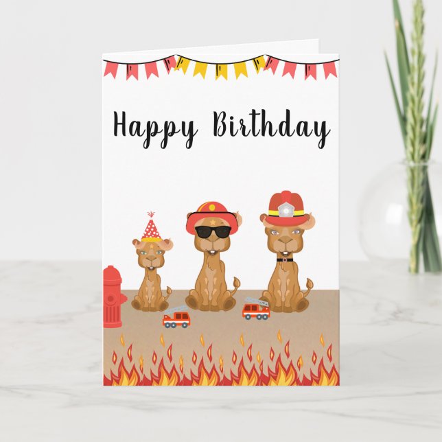 Carte joyeux chameau pompier d'anniversaire gâteau jaune (Devant)