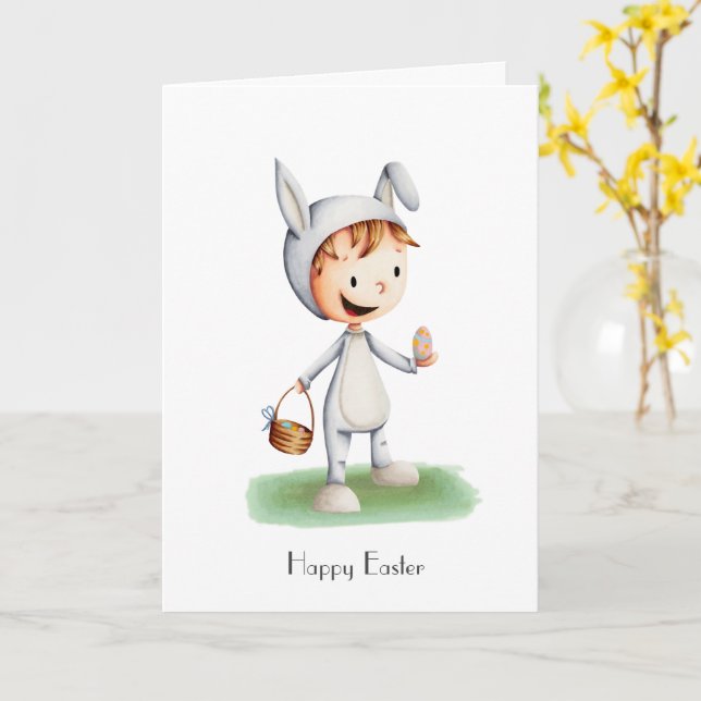 Carte Joyeux chasseur d'oeufs de Pâques avec le costume  (Fleur jaune)