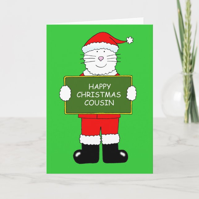Carte Joyeux chat cousin de Noël en tenue Père Noël (Devant)
