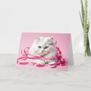 Carte Joyeux Chat D'Anniversaire En Rubans Roses