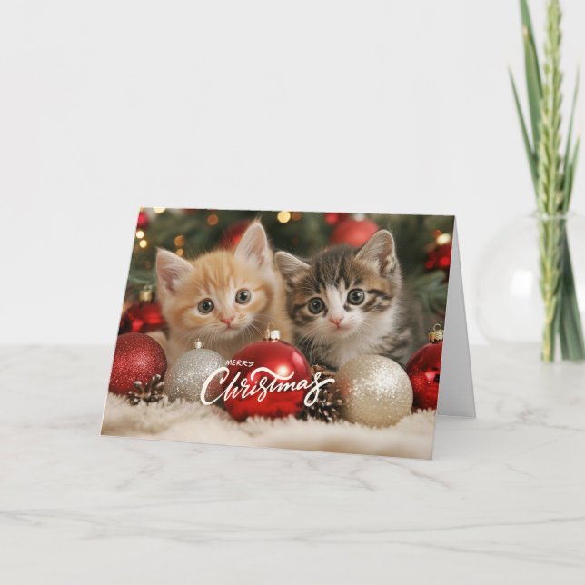 Carte Joyeux chatons de Noël et ornements (Devant)