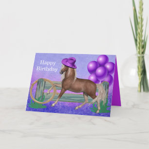 Carte Joyeux Cheval d'Anniversaire avec Casquette violet