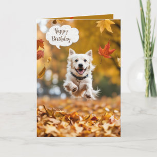 Carte Joyeux Chien D'Anniversaire En Feuilles Automnes