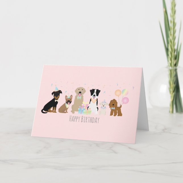 Carte Joyeux Chiens de fête d'anniversaire rose (Devant)